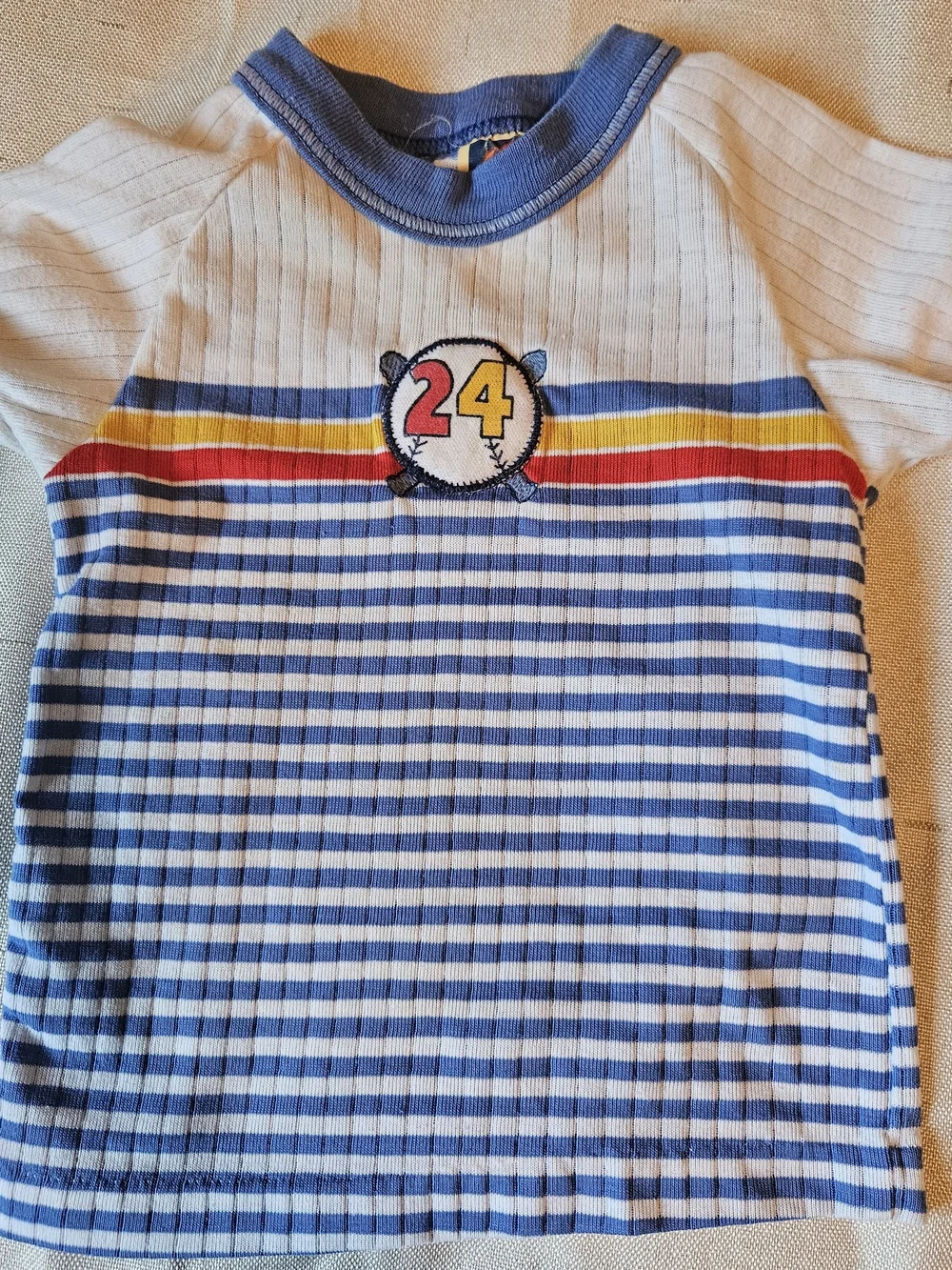 Carter's Blue & White Striped Ribbed Tee with Red and Yellow Accents